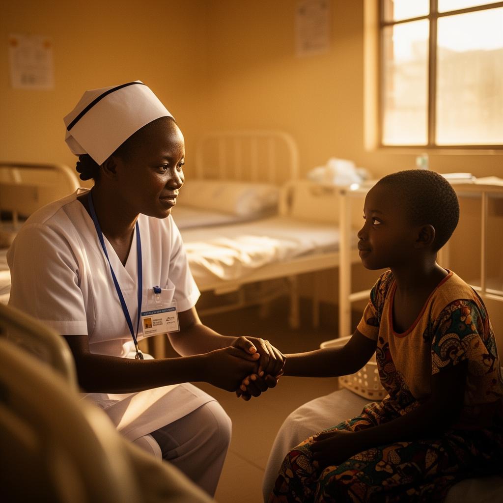 A nurse holding a young patient's hand