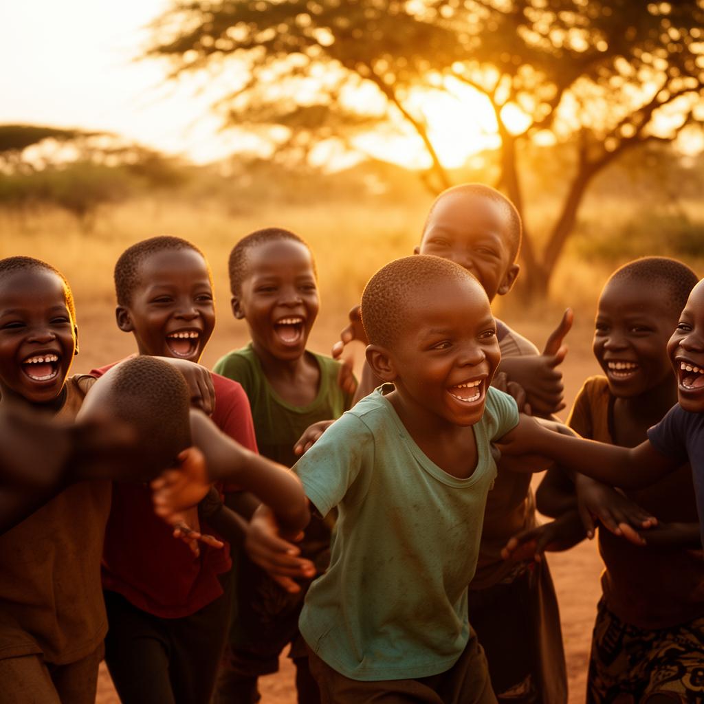Children laughing together at sunset